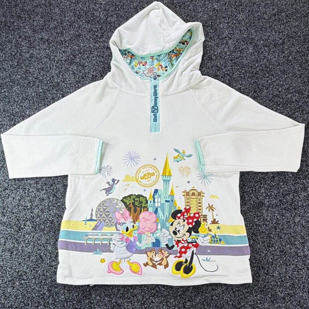 Disney Girls XL White Fleece Pullover Hoodie 1/4 Zip Minnie Daisy Chip Dale